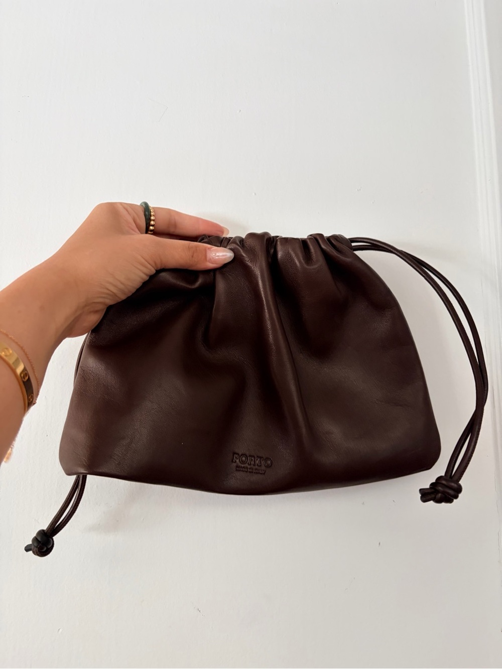 PORTO Dark Brown Leather Drawstring Clutch